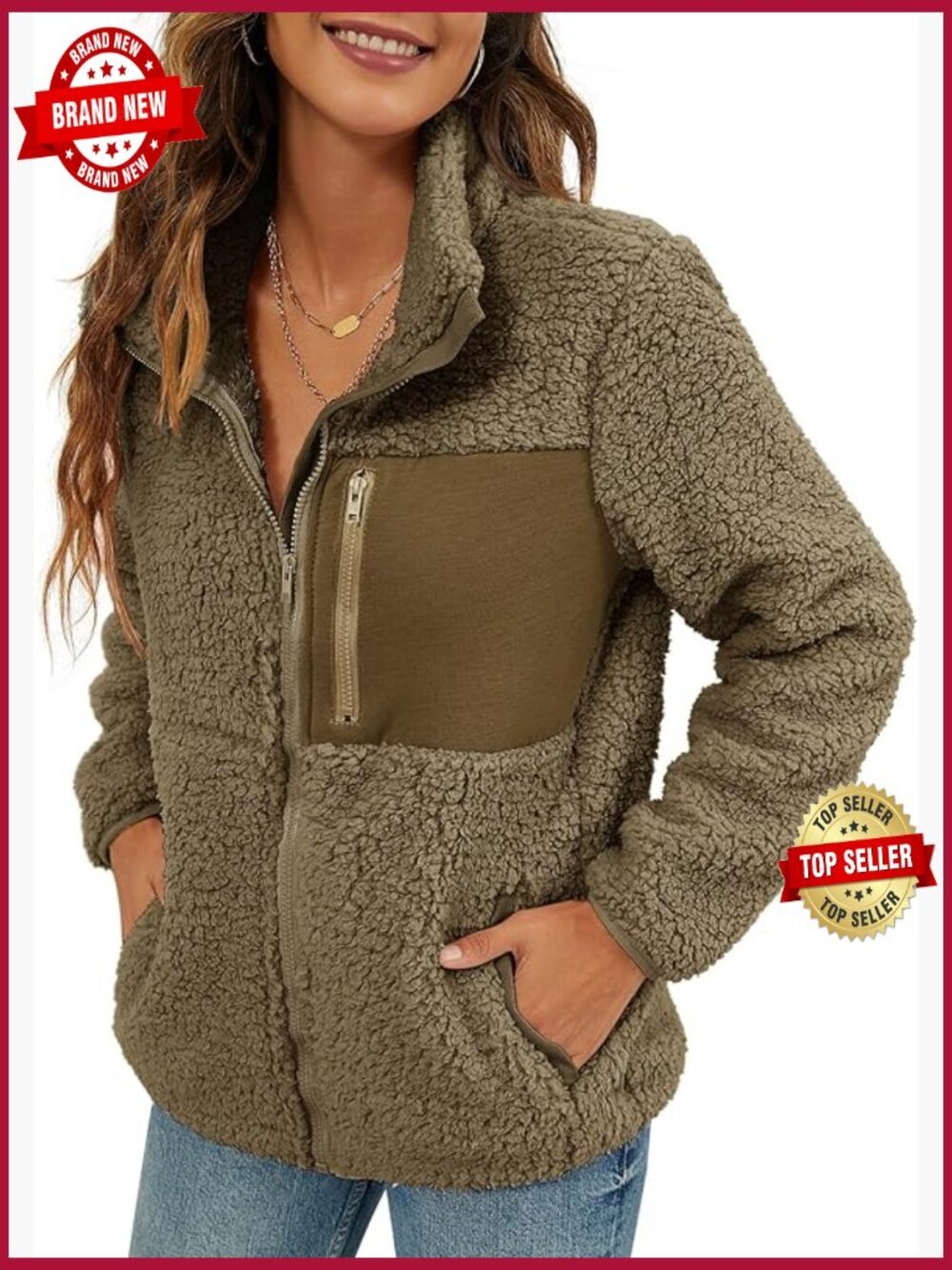 Faux Shearling Shaggy Full Zip Patchwork Coat with Pockets